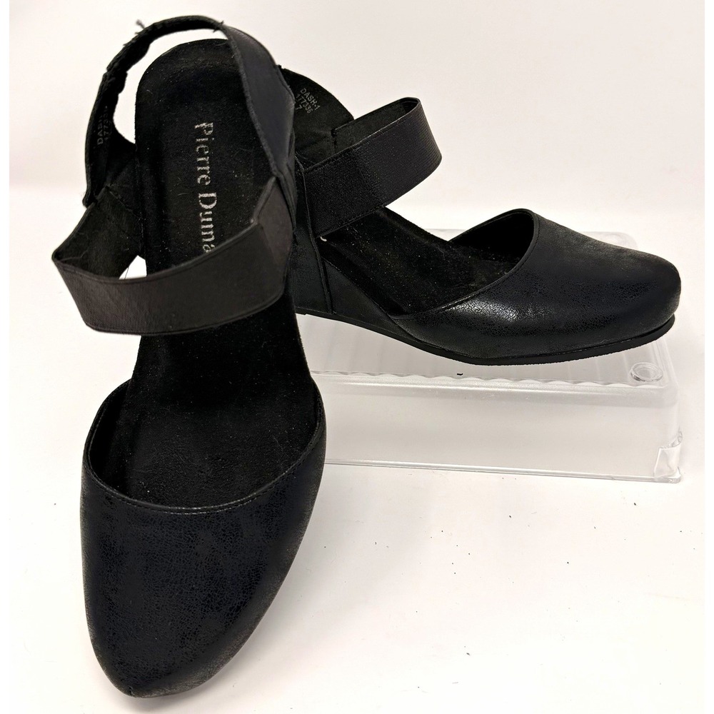 EUC Pierre Dumas 7 M -Dash-1 Women's Black Wedge Slingback Ankle Strap Sandals
